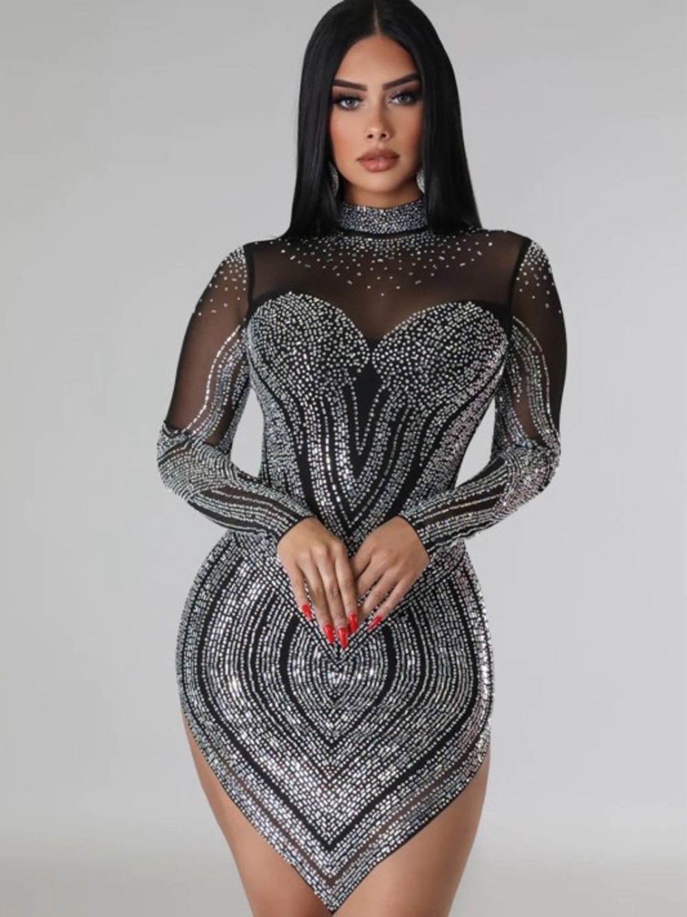 Sparkling Black Mini Dress with Silver Embellishments